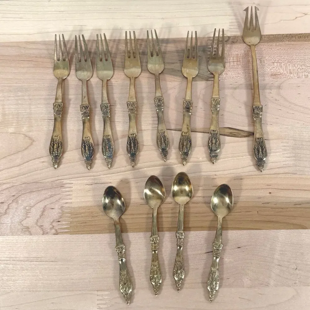 Vintage Airavata Erawan 3 Headed Elephant Flatware Set Thailand Siam Brass 12 Pc